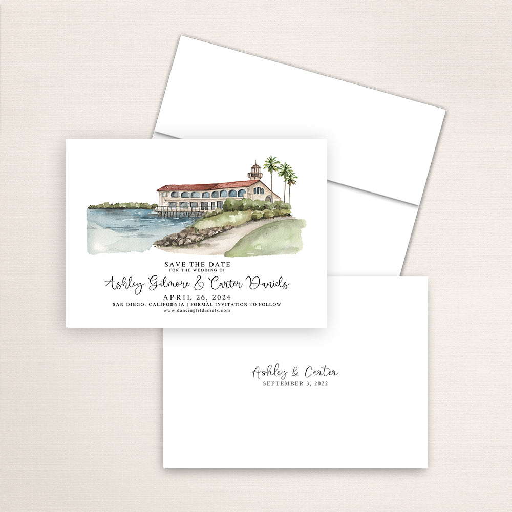 Custom watercolor Save the Date card featuring hand-painted venue illustration of Tom Hams Lighthouse in San Diego, California, personalized wedding stationery with elegant venue artwork.