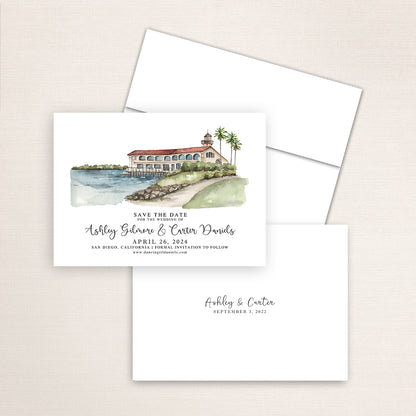 Custom watercolor Save the Date card featuring hand-painted venue illustration of Tom Hams Lighthouse in San Diego, California, personalized wedding stationery with elegant venue artwork.