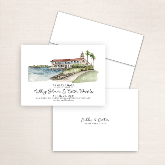 Custom watercolor Save the Date card featuring hand-painted venue illustration of Tom Hams Lighthouse in San Diego, California, personalized wedding stationery with elegant venue artwork.