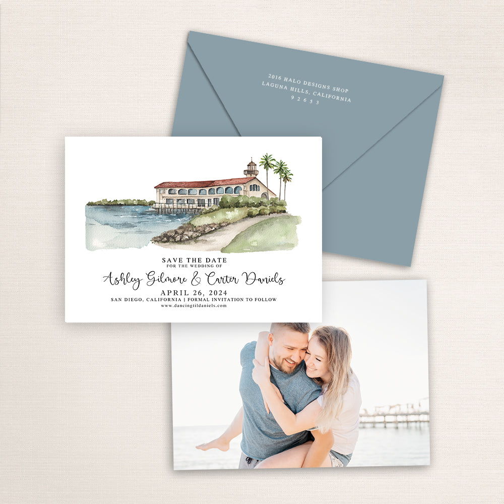 Custom watercolor Save the Date card featuring hand-painted venue illustration of Tom Hams Lighthouse in San Diego, California, personalized wedding stationery with elegant venue artwork with matching envelope.