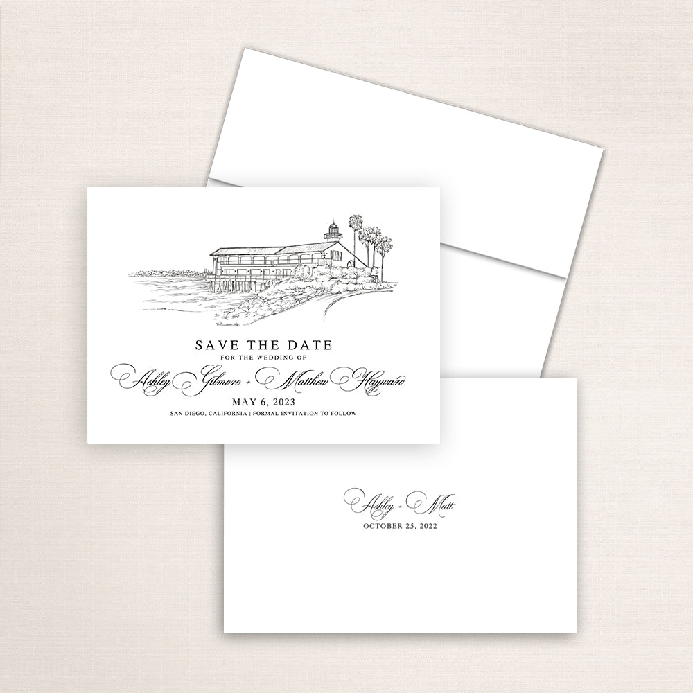 Custom sketch Save the Date card featuring hand-drawn venue illustration of Tom Hams Lighthouse in San Diego, California, personalized wedding stationery with elegant venue artwork. 
