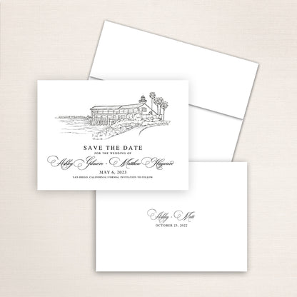 Custom sketch Save the Date card featuring hand-drawn venue illustration of Tom Hams Lighthouse in San Diego, California, personalized wedding stationery with elegant venue artwork. 