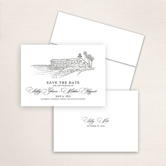 Custom sketch Save the Date card featuring hand-drawn venue illustration of Tom Hams Lighthouse in San Diego, California, personalized wedding stationery with elegant venue artwork. 