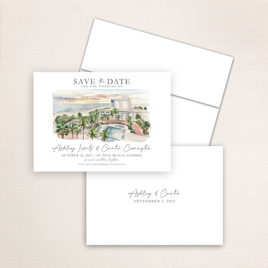 Custom watercolor Save the Date card featuring hand-painted venue illustration of TradeWinds Island Grand Resort in St Pete Beach, Florida, personalized wedding stationery with elegant venue artwork.