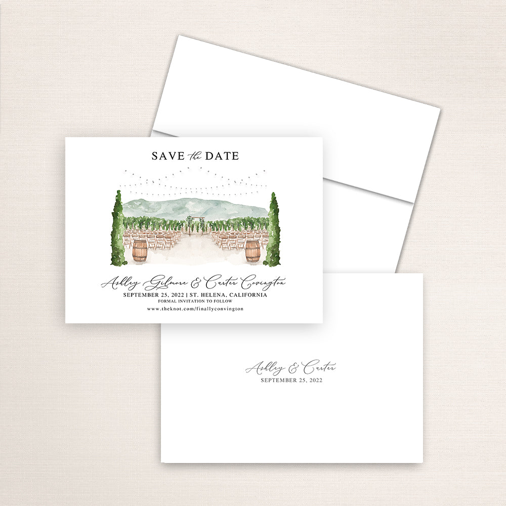 Custom watercolor Save the Date card featuring hand-painted venue illustration of Tre Posti in St. Helena California personalized wedding stationery with elegant venue artwork. 