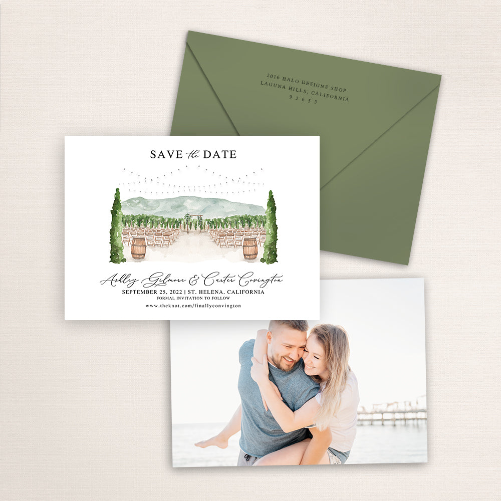 Custom watercolor Save the Date card featuring hand-painted venue illustration of Tre Posti in St. Helena California personalized wedding stationery with elegant venue artwork with matching envelopes