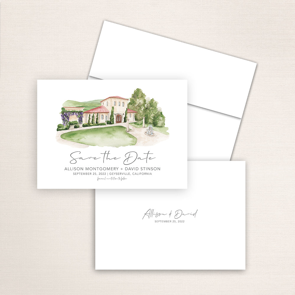 Custom watercolor Save the Date card featuring hand-painted venue illustration of Trentadue Winery in Geyserville, California, personalized wedding stationery with elegant venue artwork.