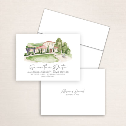 Custom watercolor Save the Date card featuring hand-painted venue illustration of Trentadue Winery in Geyserville, California, personalized wedding stationery with elegant venue artwork.