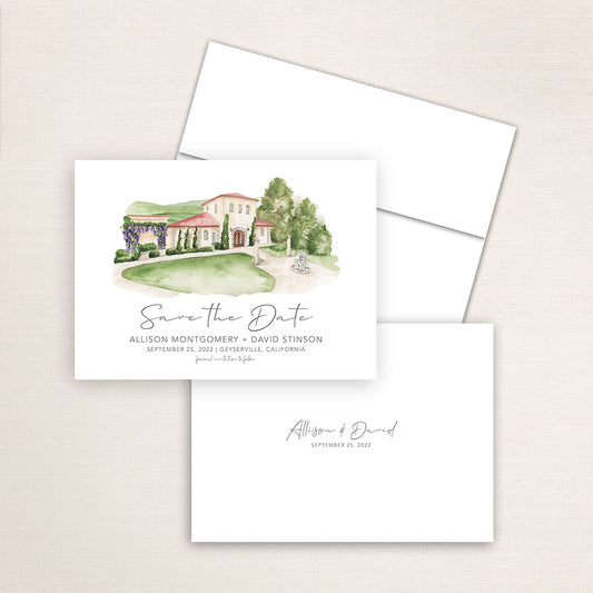 Custom watercolor Save the Date card featuring hand-painted venue illustration of Trentadue Winery in Geyserville, California, personalized wedding stationery with elegant venue artwork.