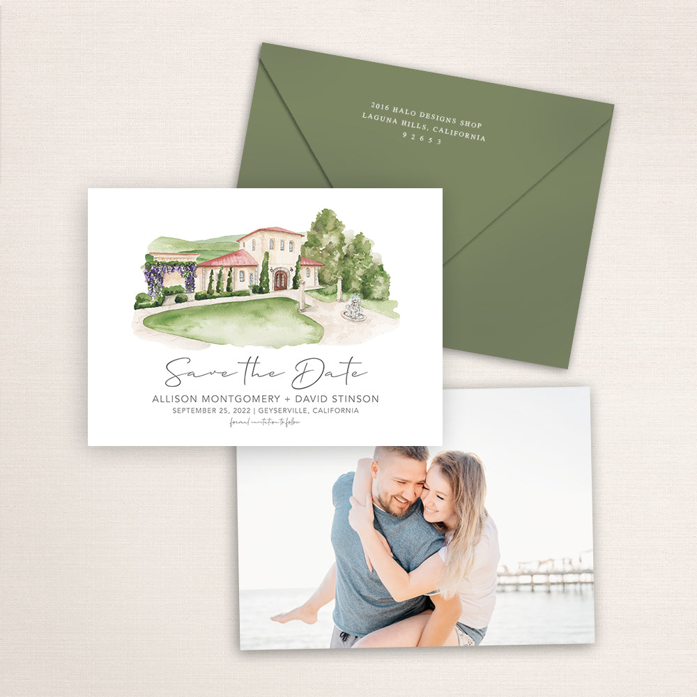 Custom watercolor Save the Date card featuring hand-painted venue illustration of Trentadue Winery in Geyserville, California, personalized wedding stationery with elegant venue artwork with matching envelope.