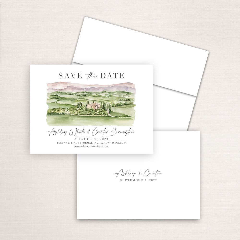 Custom watercolor Save the Date card featuring hand-painted venue illustration of Tuscany, Italy, personalized wedding stationery with elegant venue artwork. 