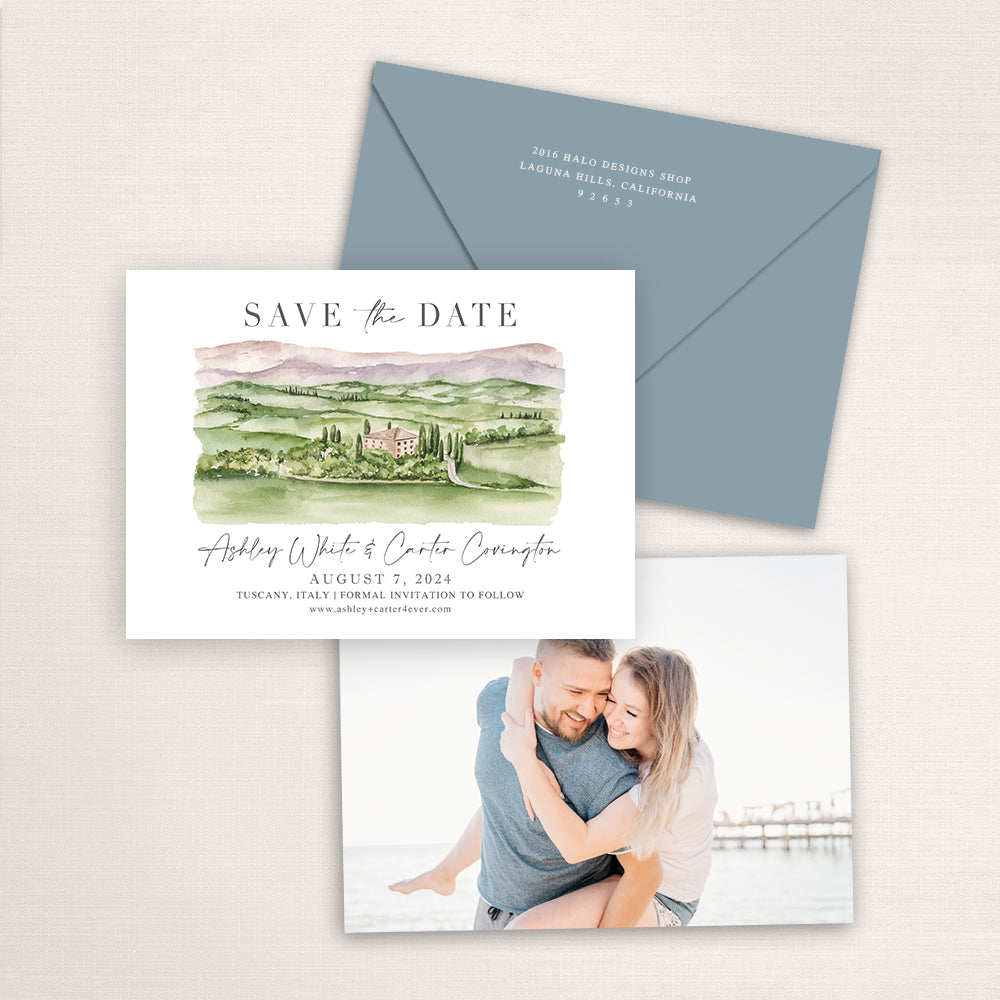 Custom watercolor Save the Date card featuring hand-painted venue illustration of Tuscany, Italy, personalized wedding stationery with elegant venue artwork with matching envelope.