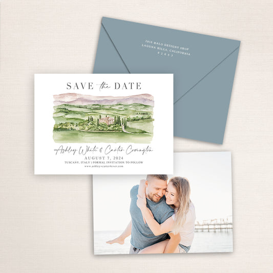 Custom watercolor Save the Date card featuring hand-painted venue illustration of Tuscany, Italy, personalized wedding stationery with elegant venue artwork with matching envelope.