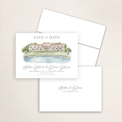 Wedding save the date announcements featuring a hand-painted watercolor of Valle de Guadalupe.