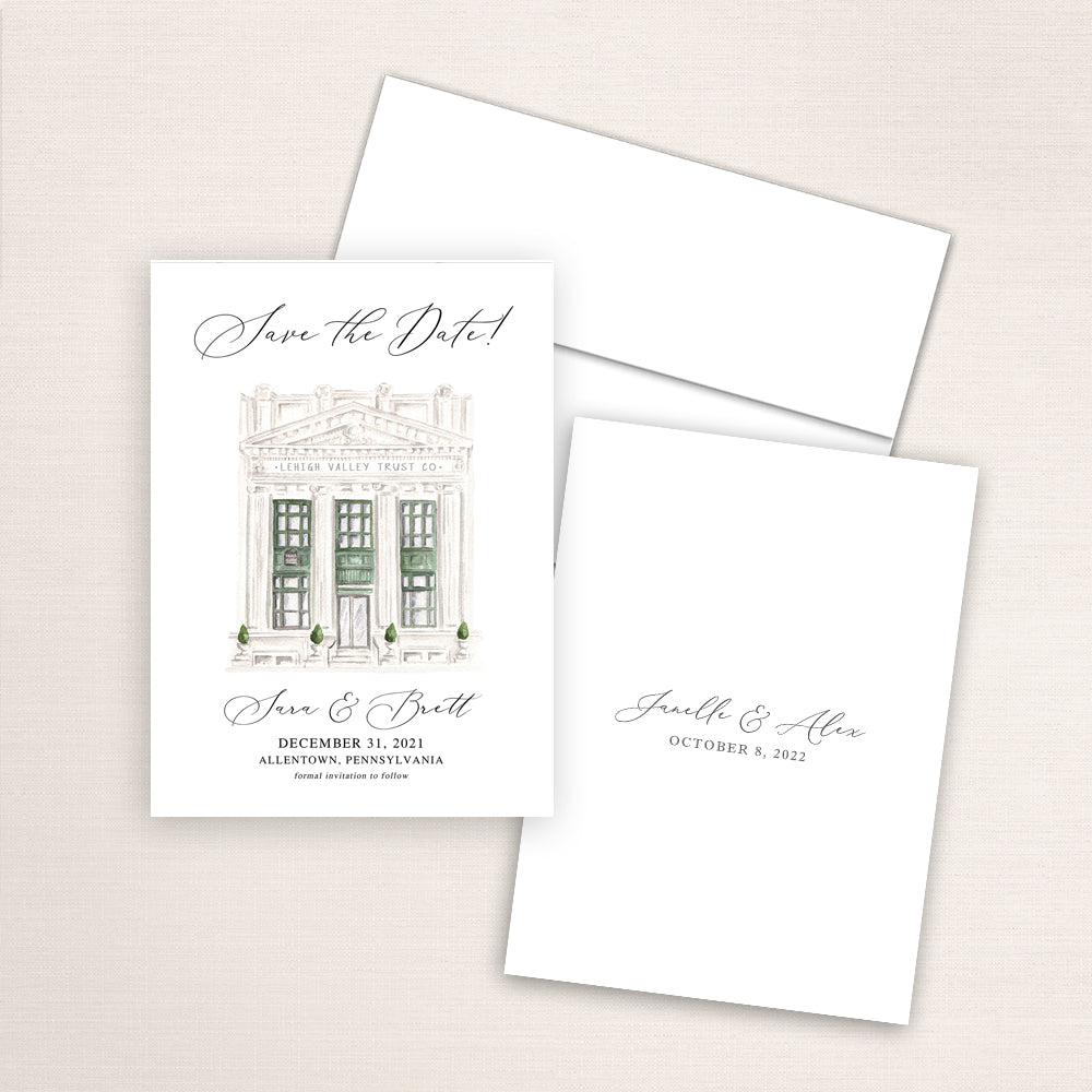 Custom watercolor Save the Date card featuring hand-painted venue illustration of Vault 634 in Allentown, Pennsylvania, personalized wedding stationery with elegant venue artwork. 