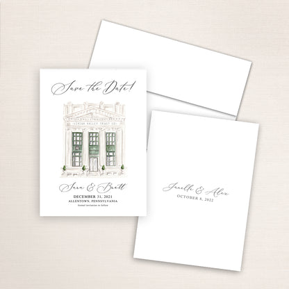 Custom watercolor Save the Date card featuring hand-painted venue illustration of Vault 634 in Allentown, Pennsylvania, personalized wedding stationery with elegant venue artwork. 