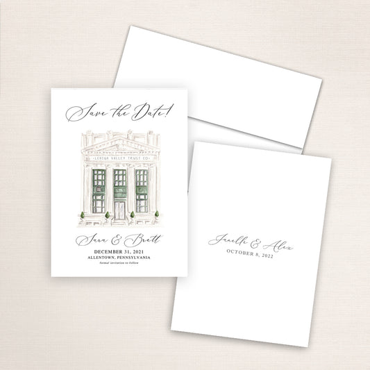 Custom watercolor Save the Date card featuring hand-painted venue illustration of Vault 634 in Allentown, Pennsylvania, personalized wedding stationery with elegant venue artwork. 