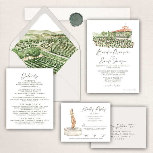 Viansa Winery wedding invitation suite with watercolor vineyard artwork, Tuscan villa illustration, vineyard envelope liner, and coordinated RSVP and details cards