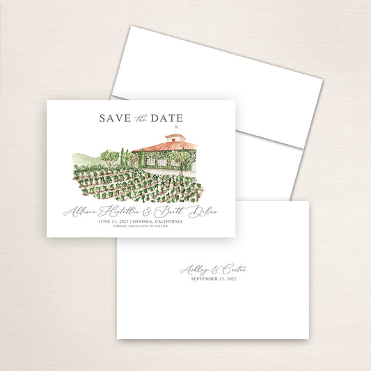 Custom watercolor Save the Date card featuring hand-painted venue illustration of Viansa Vinery in Sonoma, California, personalized wedding stationery with elegant venue artwork with matching envelope.