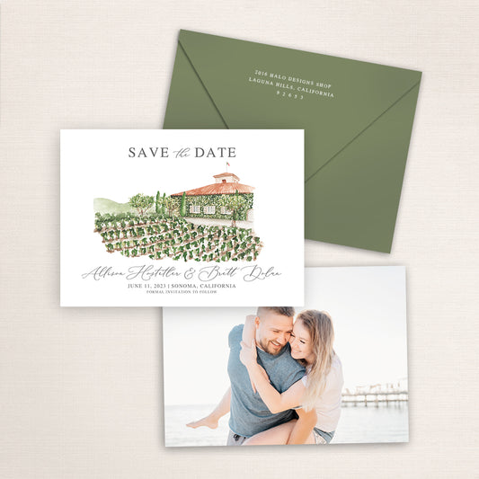 Custom watercolor Save the Date card featuring hand-painted venue illustration of Viansa Vinery in Sonoma, California, personalized wedding stationery with elegant venue artwork. 
