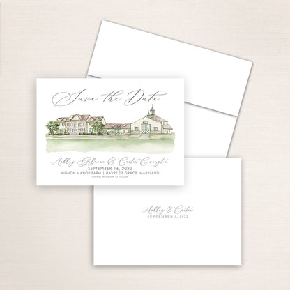 Custom watercolor Save the Date card featuring hand-painted venue illustration of Vignon Manor Farm in Havre de Grace, Maryland, personalized wedding stationery with elegant venue artwork. 