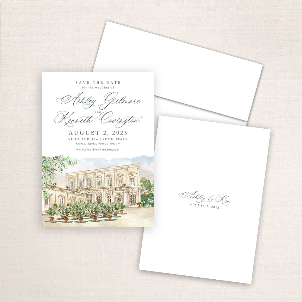 Villa Aurelia Rome save the date featuring a hand-painted watercolor illustration of the historic Italian villa with courtyard garden and mountain backdrop, elegant sage calligraphy, and minimalist back with the couple’s names and wedding date.