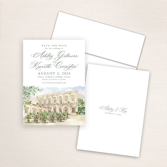 Villa Aurelia Rome save the date featuring a hand-painted watercolor illustration of the historic Italian villa with courtyard garden and mountain backdrop, elegant sage calligraphy, and minimalist back with the couple’s names and wedding date.