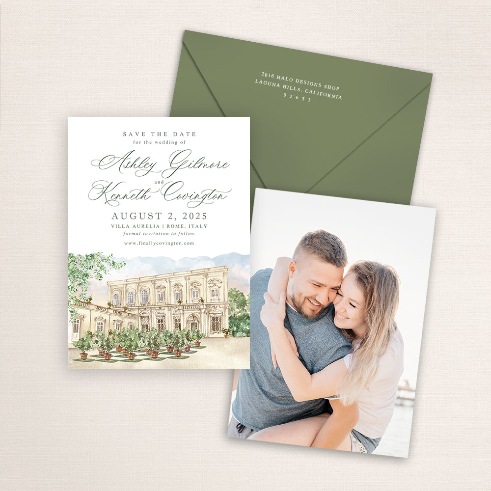 Villa Aurelia wedding save the date with detailed watercolor venue illustration in Rome, Italy, refined script typography, coordinating olive envelope, and engagement photo printed on the back.