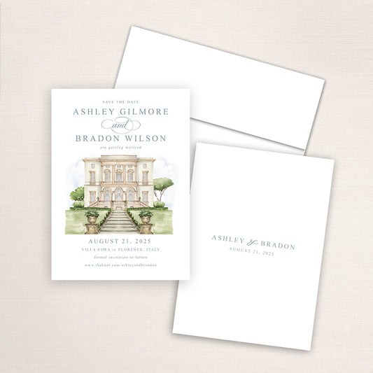 Villa Cora Florence save the date featuring a hand-painted watercolor illustration of the historic Italian villa with grand staircase and gardens, elegant blue typography, and minimalist back with the couple’s names and wedding date.