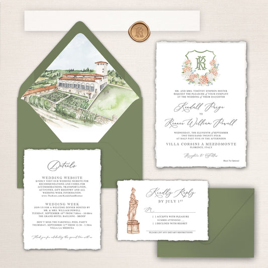 Wedding invitation suite with watercolor illustration of Villa Corsini a Mezzomonte in Florence, floral crest design, and coordinating stationery.