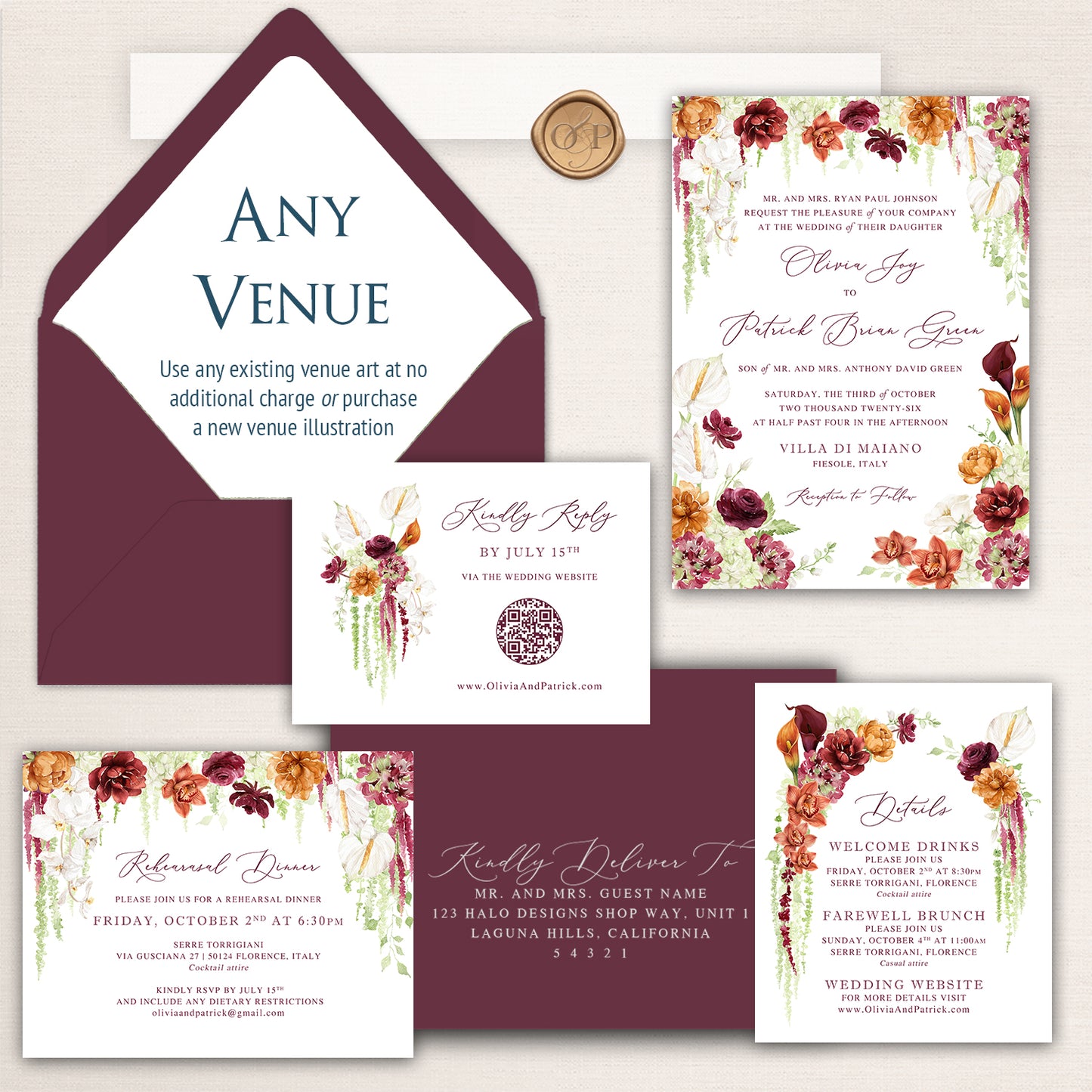 Elegant wedding invitation suite featuring a deep burgundy envelope with an "Any Venue" liner option, allowing couples to use existing venue artwork or commission a custom illustration. The suite includes a floral wedding invitation with cascading burgundy, rust, ivory, and blush flowers, coordinating rehearsal dinner invitation, RSVP card with QR code, weekend details card, matching guest addressing envelope, and gold wax seal. Designed with a romantic autumn-inspired floral palette for a colorful wedding