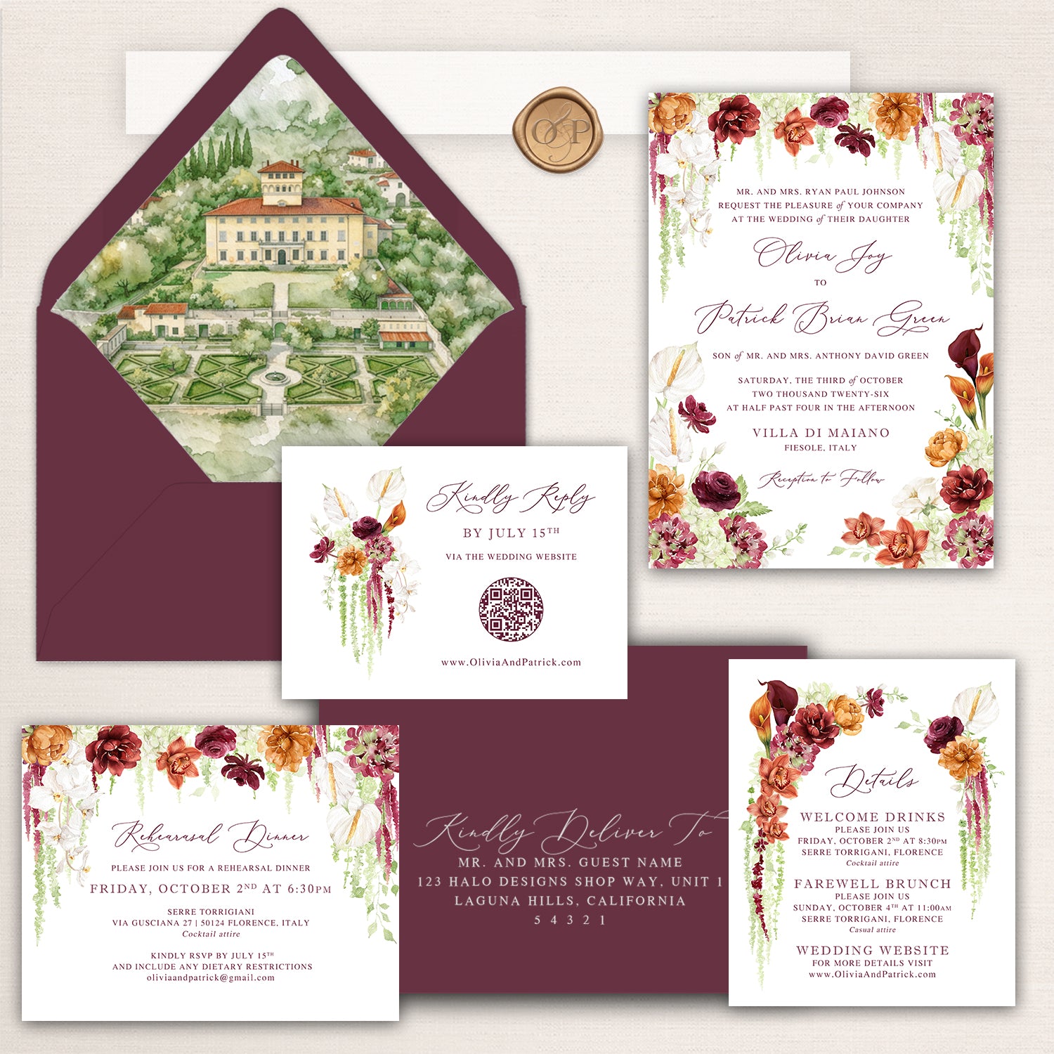 Elegant Italian destination wedding invitation suite featuring a deep burgundy envelope with a custom watercolor liner illustration of Villa Di Maiano in Florence, Italy. The suite includes a floral wedding invitation with rich burgundy, rust, ivory, and blush blooms, coordinating rehearsal dinner invitation, RSVP card with QR code, weekend details card, matching guest addressing envelope, and gold wax seal. A romantic fall-inspired palette and hand-painted venue artwork create a timeless Tuscan wedding aes