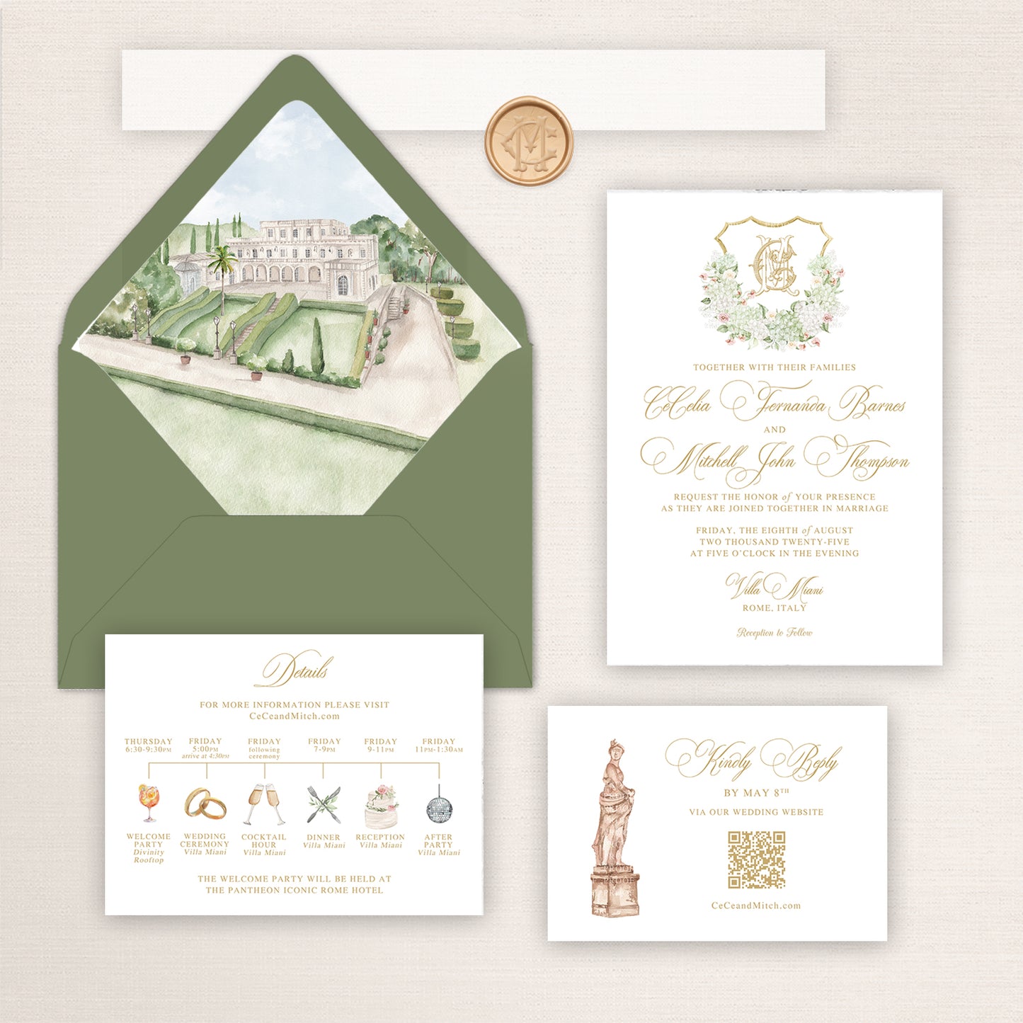 Elegant Villa Miani wedding invitation suite featuring a sage green envelope with watercolor liner illustration of the Rome villa and gardens, formal invitation with gold script typography and floral monogram crest, illustrated itinerary details card with wedding weekend icons, and RSVP card with classical Roman statue artwork in soft ivory, sage, blush, and gold tones.