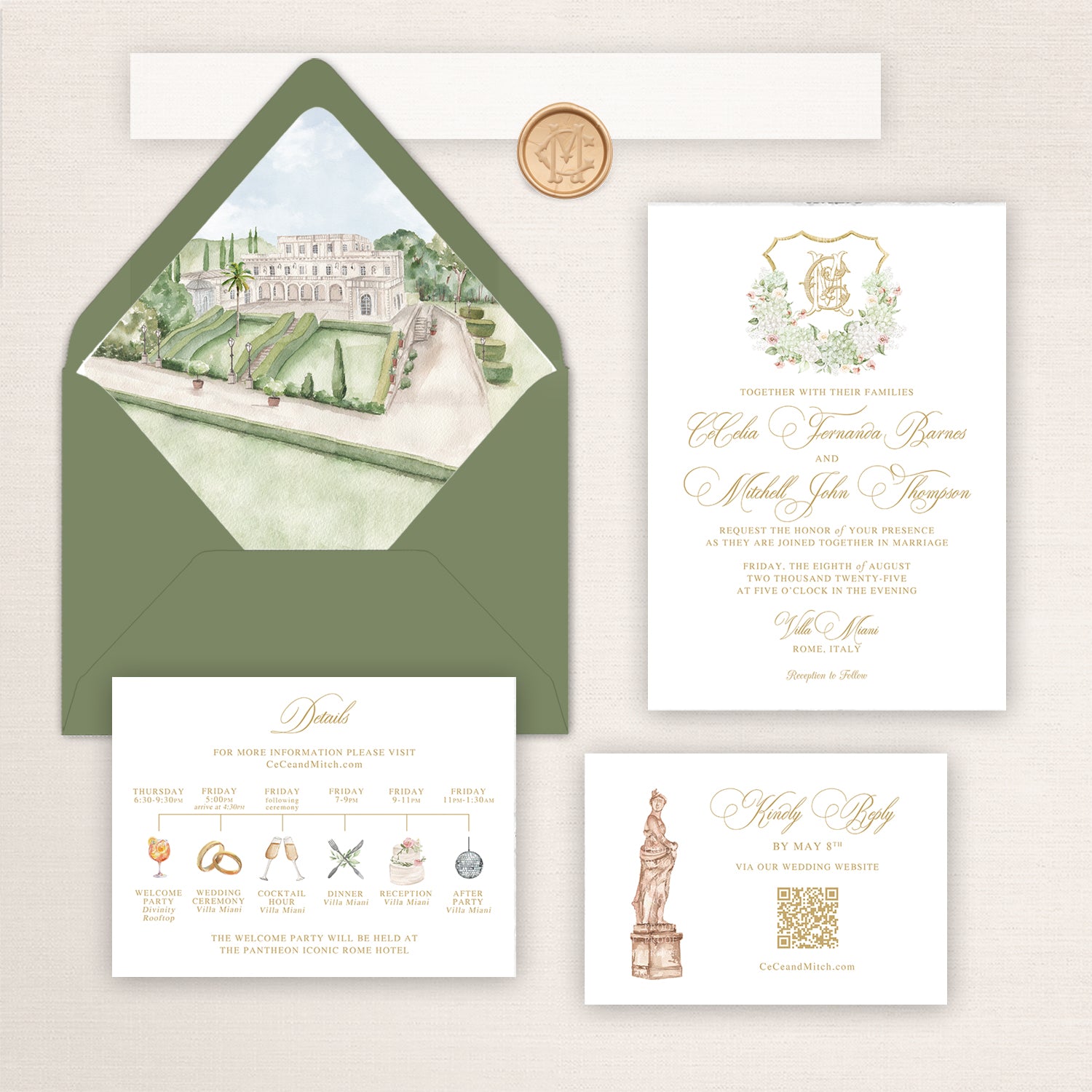 Elegant Villa Miani wedding invitation suite featuring a sage green envelope with watercolor liner illustration of the Rome villa and gardens, formal invitation with gold script typography and floral monogram crest, illustrated itinerary details card with wedding weekend icons, and RSVP card with classical Roman statue artwork in soft ivory, sage, blush, and gold tones.
