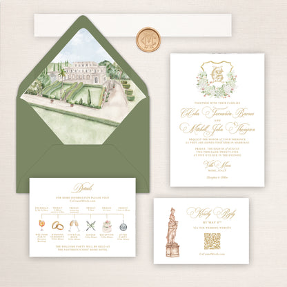Elegant Villa Miani wedding invitation suite featuring a sage green envelope with watercolor liner illustration of the Rome villa and gardens, formal invitation with gold script typography and floral monogram crest, illustrated itinerary details card with wedding weekend icons, and RSVP card with classical Roman statue artwork in soft ivory, sage, blush, and gold tones.