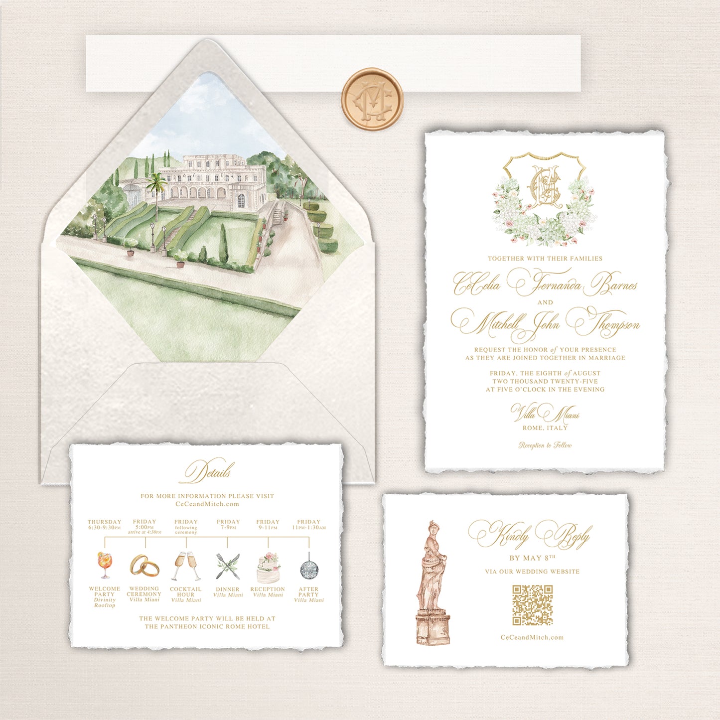 Elegant Villa Miani wedding invitation suite featuring a watercolor envelope liner of the historic Rome venue and gardens, deckled-edge invitation with gold script typography and floral crest, wax seal belly band, illustrated itinerary details card, and RSVP card with classical Roman statue artwork in soft ivory, sage, and gold tones.