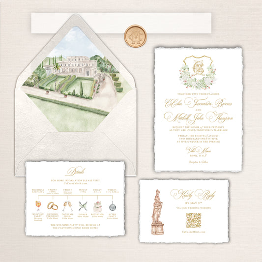 Elegant Villa Miani wedding invitation suite featuring a watercolor envelope liner of the historic Rome venue and gardens, deckled-edge invitation with gold script typography and floral crest, wax seal belly band, illustrated itinerary details card, and RSVP card with classical Roman statue artwork in soft ivory, sage, and gold tones.