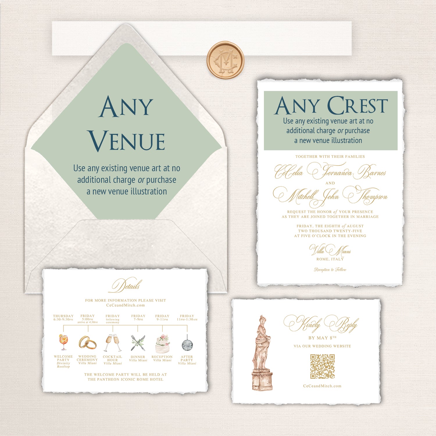Customizable Italian destination wedding invitation suite featuring “Any Venue” and “Any Crest” personalization options, deckled-edge invitation cards with gold typography, illustrated itinerary details card, Roman statue RSVP card, wax seal accent, and neutral envelope with interchangeable venue artwork and crest design for a Villa Miani wedding in Rome, Italy.