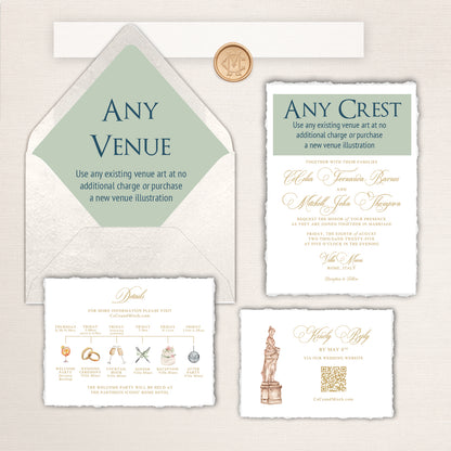 Customizable Italian destination wedding invitation suite featuring “Any Venue” and “Any Crest” personalization options, deckled-edge invitation cards with gold typography, illustrated itinerary details card, Roman statue RSVP card, wax seal accent, and neutral envelope with interchangeable venue artwork and crest design for a Villa Miani wedding in Rome, Italy.