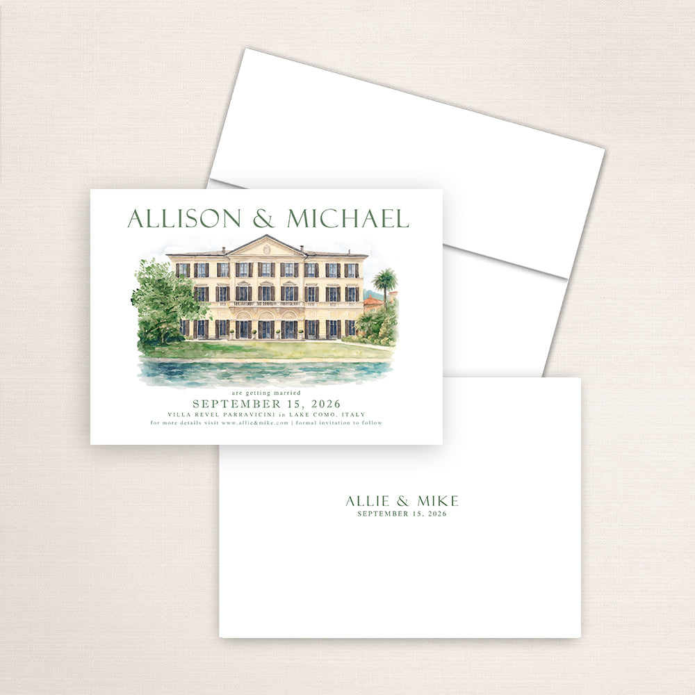 Villa Revel Parravicini Lake Como save the date featuring a watercolor illustration of the historic Italian lakeside villa, elegant green typography, and minimalist back printed with the couple’s names and wedding date.