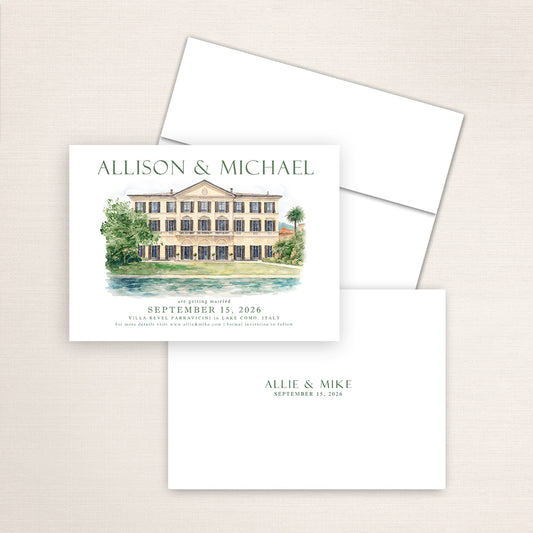 Villa Revel Parravicini Lake Como save the date featuring a watercolor illustration of the historic Italian lakeside villa, elegant green typography, and minimalist back printed with the couple’s names and wedding date.