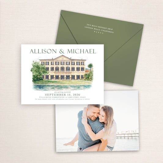Villa Revel Parravicini wedding save the date with detailed watercolor venue illustration in Lake Como, Italy, coordinating olive envelope, refined typography, and engagement photo printed on the back.