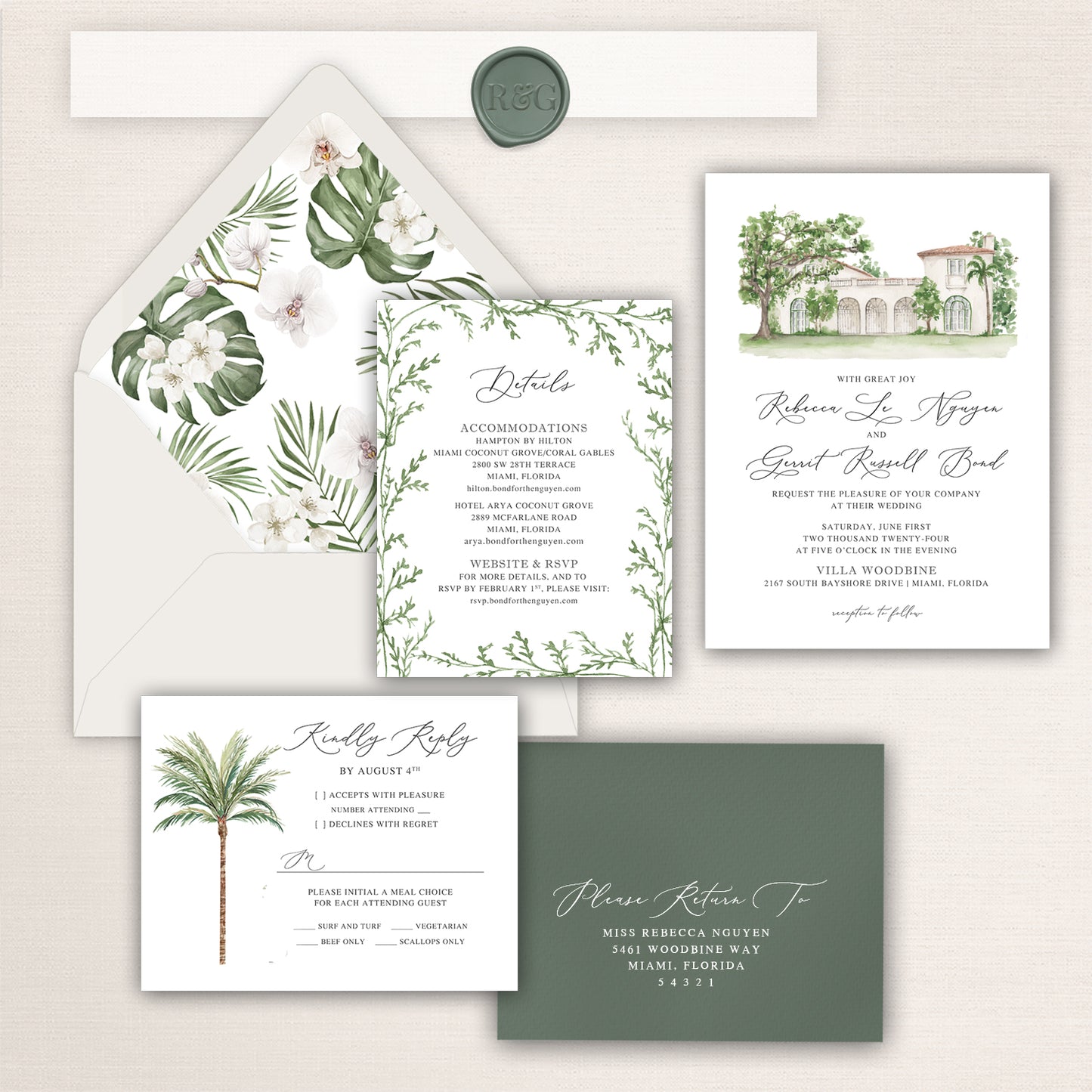 Wedding invitation suite featuring a watercolor painting of Villa Woodbine with tropical envelope liners, palm tree rsvp, and coordinating stationery.