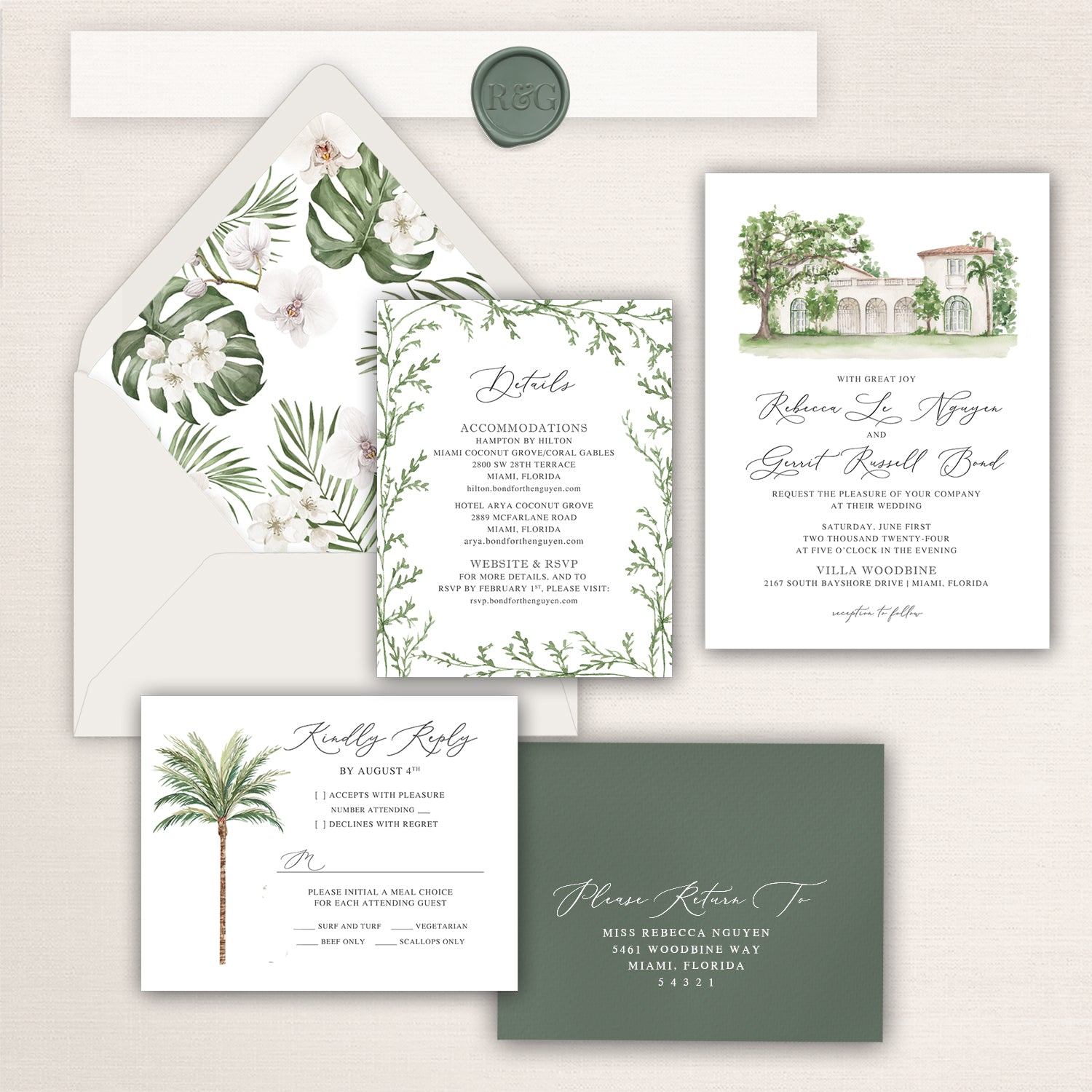 Wedding invitation suite featuring a watercolor painting of Villa Woodbine with tropical envelope liners, palm tree rsvp, and coordinating stationery.