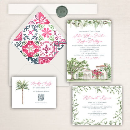 Wedding invitation suite featuring a watercolor illustration of Villa Woodbine with colorful envelope liners, and coordinating stationery.