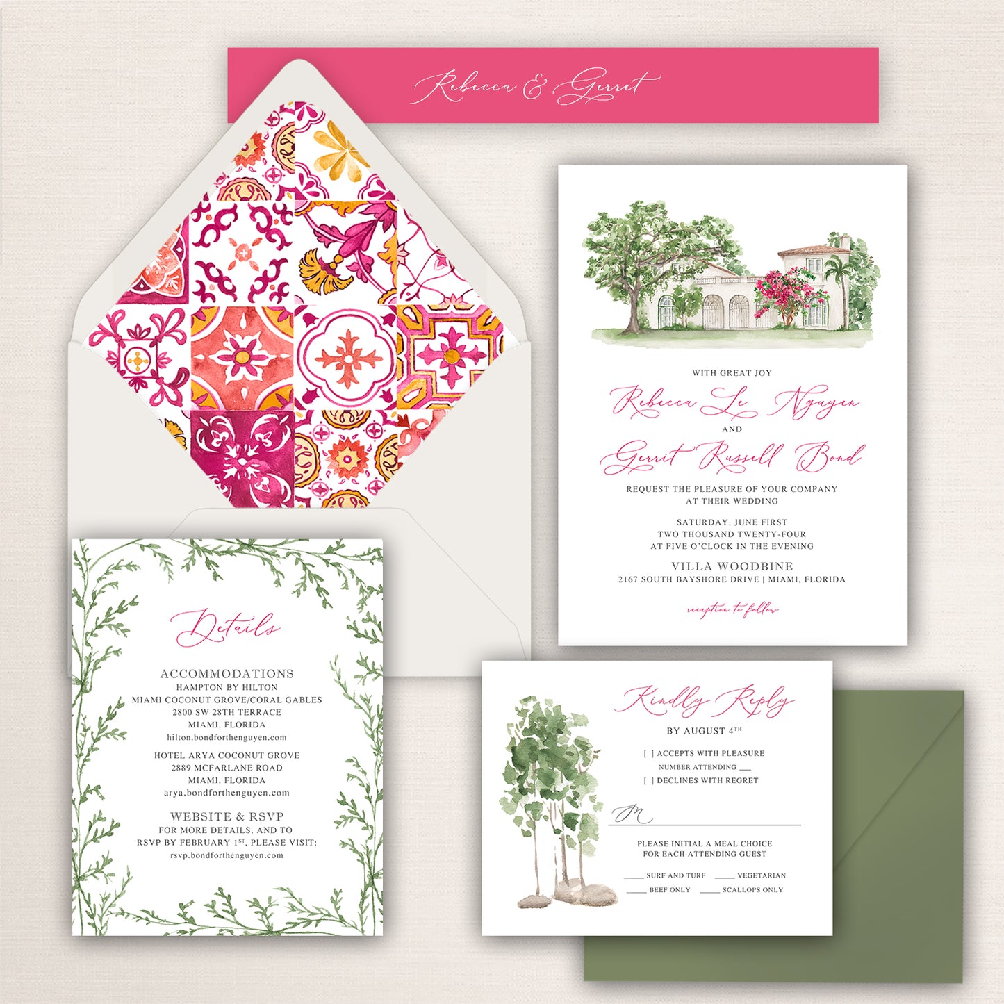 Wedding invitation suite featuring a watercolor illustration of Villa Woodbine with fuchsia envelope liners, and coordinating stationery.
