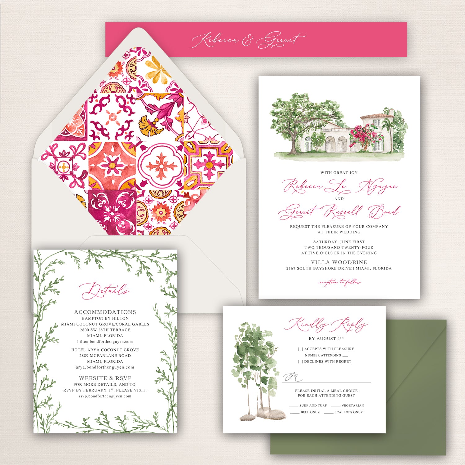 Wedding invitation suite featuring a watercolor illustration of Villa Woodbine with fuchsia envelope liners, and coordinating stationery.