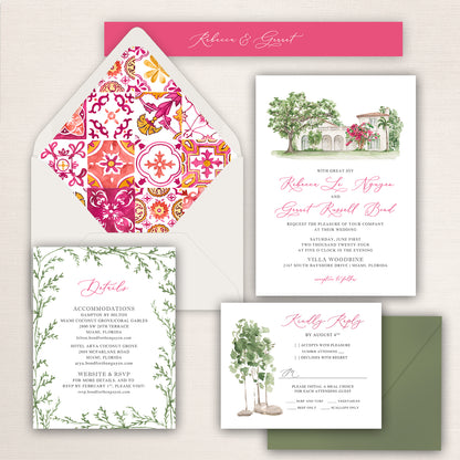 Wedding invitation suite featuring a watercolor illustration of Villa Woodbine with fuchsia envelope liners, and coordinating stationery.