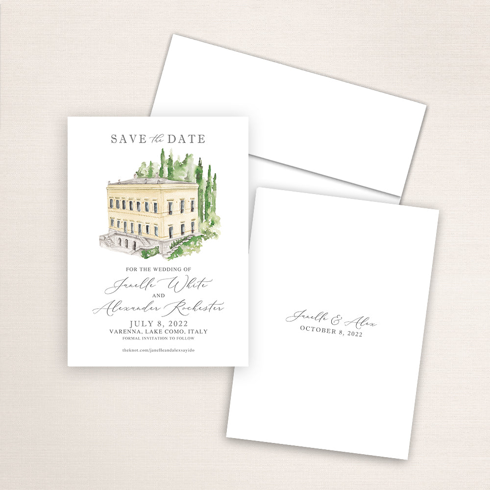 Custom watercolor Save the Date card featuring hand-painted venue illustration of Villa Cipressi in Varenna, Italy, personalized wedding stationery with elegant venue artwork.
