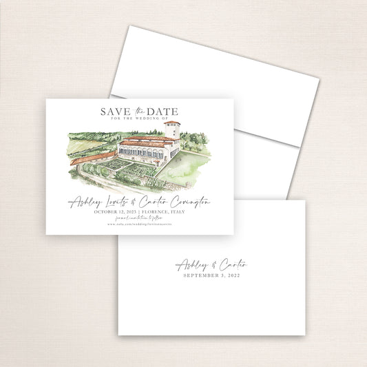 Custom watercolor Save the Date card featuring hand-painted venue illustration of Villa Corsini a Messomonte in Florence, Italy, personalized wedding stationery with elegant venue artwork. 